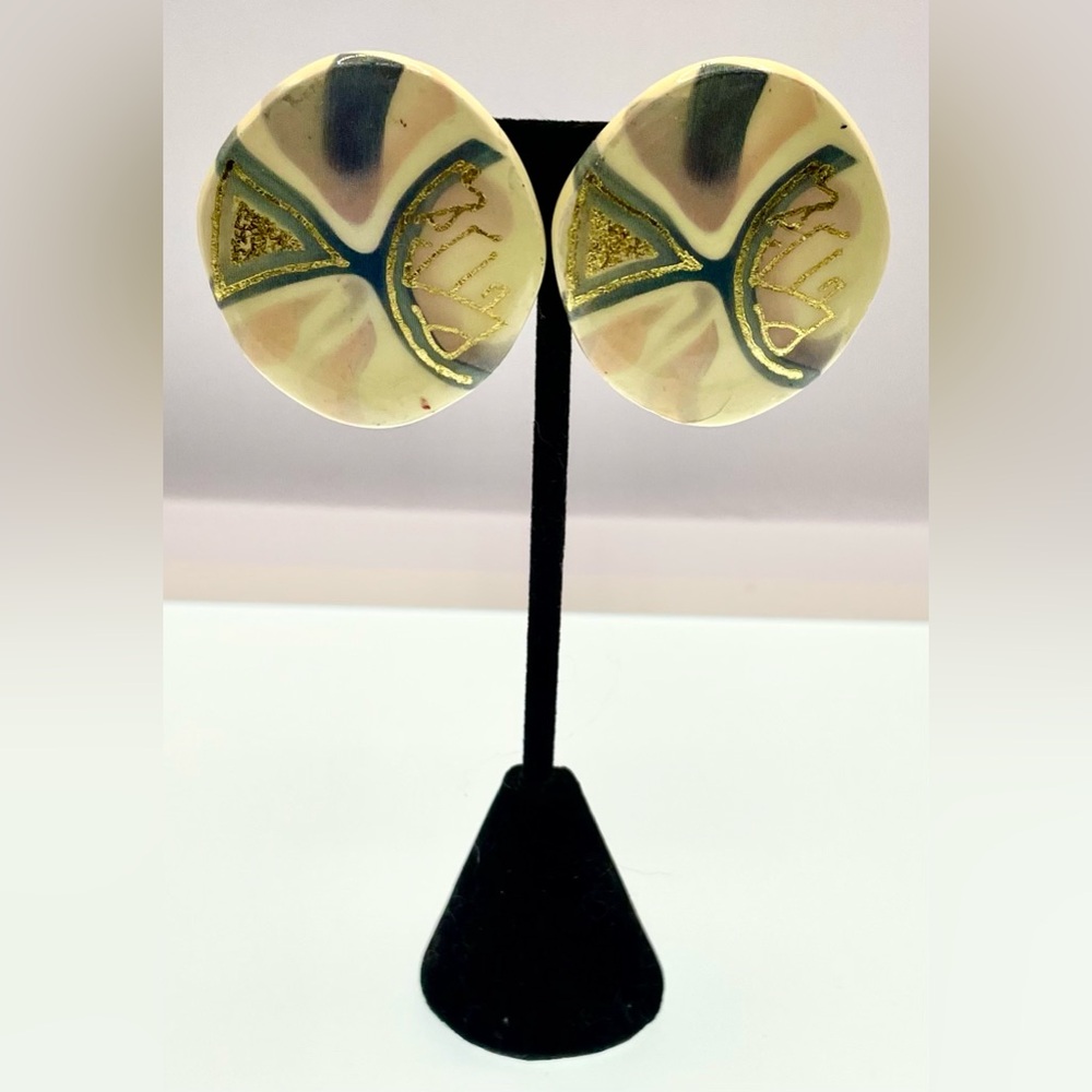 Vintage Porcelain Painted Oval Clip On Earrings Abstract Design - Picture 7 of 7